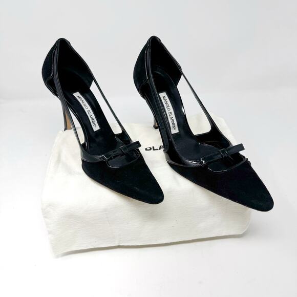 Manolo Blahnik Black Suede Patent D’Orsay Pumps Bow Detail Women’s EU 38.5 - Picture 1 of 9